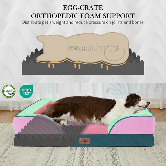 Comfort Expression Orthopedic Dog Bed for Large Dogs 36x27 Inch, Waterproof Egg Crate Foam Large Pet Bed with Removable Bolsters, Dog Couch with Washable Cover & Non-Slip Bottom, Mint-Berry Dream