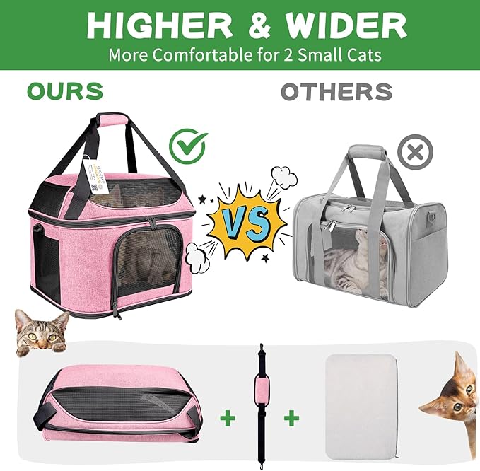 Large Cat Carrier Pet Carrier, Oeko-TEX Certified Soft Side Pet Carrier for Cat, Small Dog, Collapsible Travel Small Dog Carrier, TSA Airline Approved Cat Carrier for Cats 20 lb,Pink