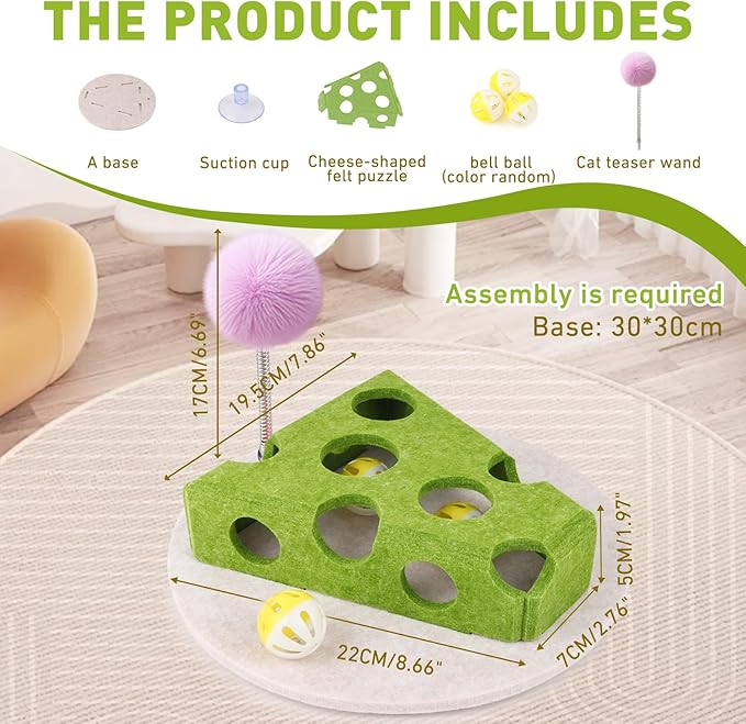 Interactive Cat Puzzle Toy for Indoor Cats & Kittens - Fun Track Balls & Spring Teaser in Stimulating Felt Puzzle Box (Green) - Mental Enrichment Game
