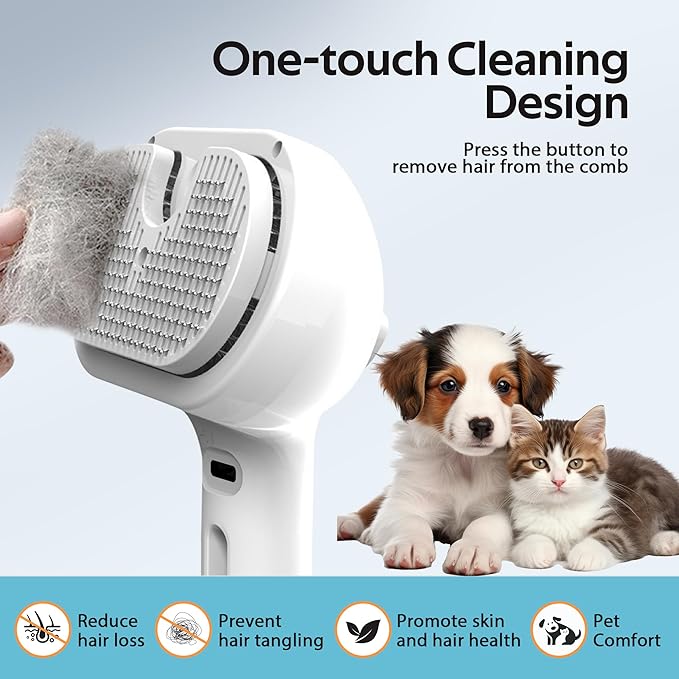Pet Grooming Brush with Electronic Mist Spray - Gentle Deshedding Tool for Cats & Dogs, Pet Steam Brush，Reduces Shedding, Soft Bristles, Promotes Healthy Coat-Comes with a hair smoothing comb-White