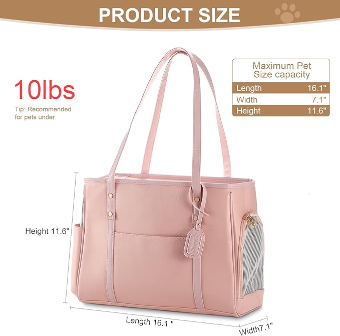 Fashion Dog Carrier Purse, Premium Leather Cat Carrier Bag, Airline Approved Soft Sided Pet Travel Tote Bag with Pockets Pink
