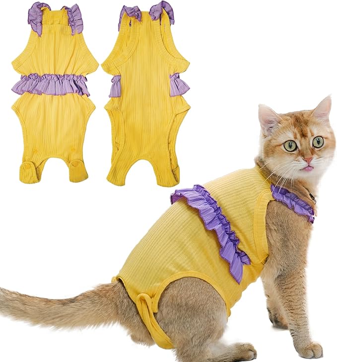 Cat Recovery Suit,Kitten Onesie After Surgery,E-Collar Alternative for Abdominal Wound and Skin Diseases,Soft Breathable Bodysuit After Spay（Yellow-l）