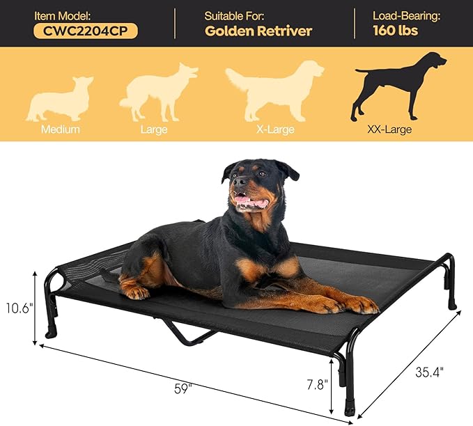 Veehoo XXL Outdoor Elevated Dog Bed, Raised Dog Cot for Extra Large Dogs, Cooling Washable Waterproof Pet Hammock Beds with Slope Headrest, Breathable Mesh and Sturdy Frame, XX-Large, Black, CWC2204