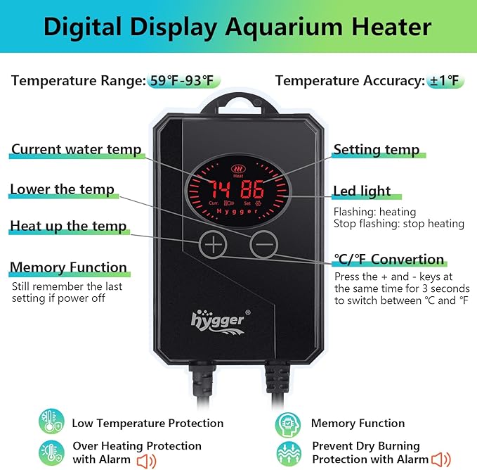 hygger Aquarium Heater 300W,Fish Tank Heater with Digital LED Controller,Overheating & Auto Shut Off Protection,Memory Function,Submersible Fish Heater for Saltwater & Freshwater Fish Tank 25-80Gallon