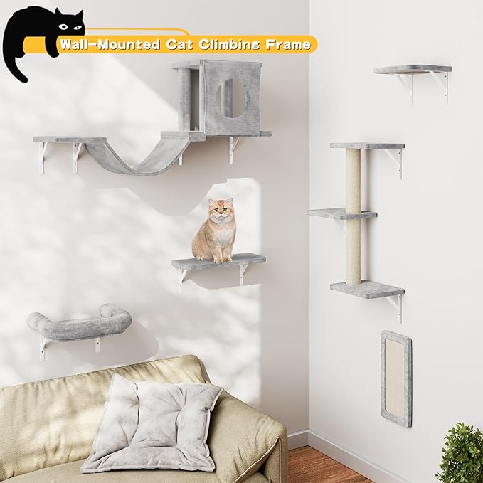 NUNU LAB Wall Mounted Cat Climber Set, 6 Pcs Cat Furniture Set with House, Bridge, Steps, Scratcher Board and Hammock, Shelves for Indoor, Luxury Walls Furniture(Gray)