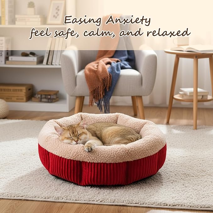 4 Pack Cat Bed Bulk 20in Self Warming Pet Beds for Small Cats Dogs Washable Red Round Donut Calming Bed with Anti-Slip Bottom Pet Gift Winter for Small Medium Cats and Dogs Puppy Kitten