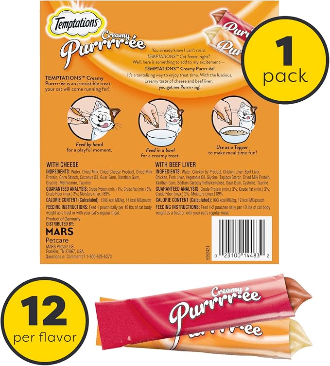 Temptations Creamy Puree Squeezable Lickable Wet Cat Treat Variety Pack, 0.42 oz. Tubes, 24 Count