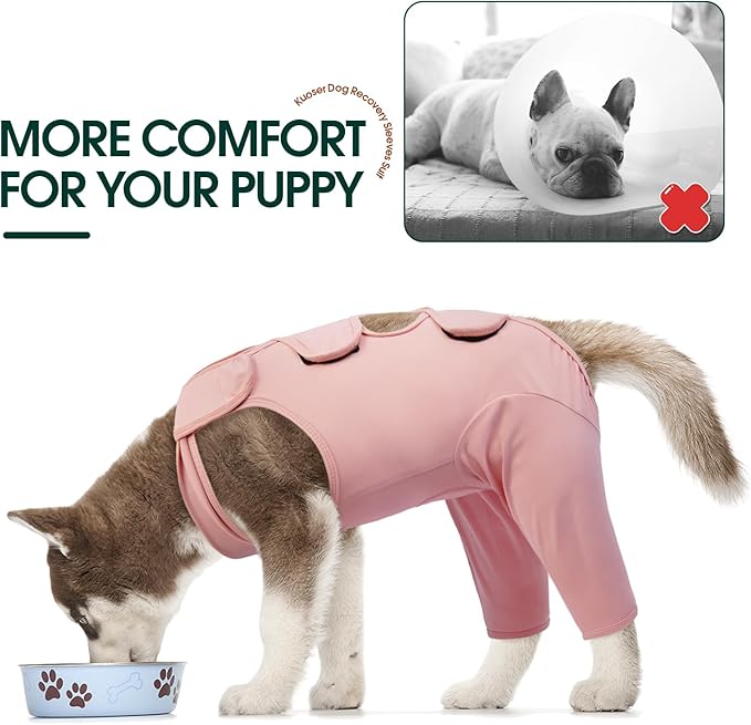 Kuoser Thigh Wound Protective Sleeve for Dogs, Dog Surgery Recovery Suit for Rear Legs, Dog Recovery Sleeve for Female Male Dogs, Dog Onesie After Surgery Pet Surgical Suit for Spay Neuter, Pink XS