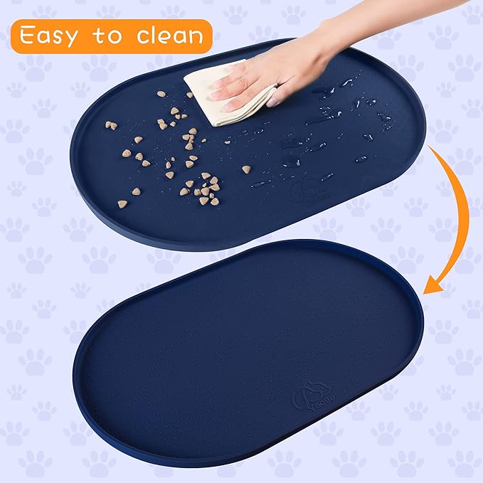 100% Waterproof 0.5" Raised Edge BPA Free Silicone Dog Food Mat, Pet Cat Feeding Mats Contain Spills Protects Floors, Placemats for Cats and Dogs Water Bowl Dishwasher. (Large/XL, Navy)