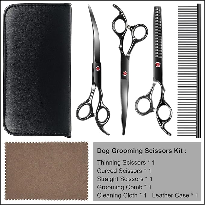 Professional Dog Grooming Scissors kit Black 5 in 1, Dog Shears for Grooming 6CR Premium Stainless Steel Grooming Scissors Kit for Dogs Cat Pet