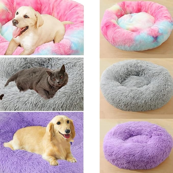 Calming Small Dog Bed Pink Cat Bed, 20 Inch Donut Fluffy Anti-Anxiety Round Bed Washable Cute Bed, Cuddler Warming Cozy Soft Bed, Plush Cushion Bed for Small Medium Dogs and Cats (Bright Pink)