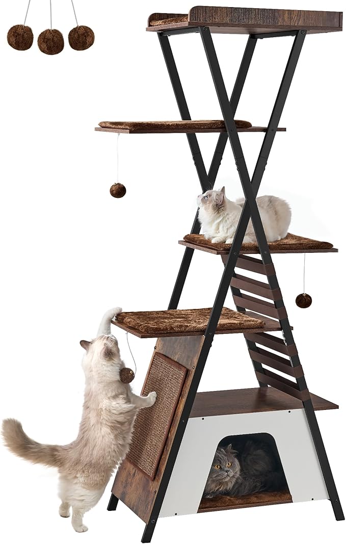 FourFurPets 72.4" Modern Cat Tower for Indoor Cats - Multi-Level Condo With Caves, Tall Tree With Scratching Board, Wooden Tower With Large Perch, Removable Pads, Rustic Brown