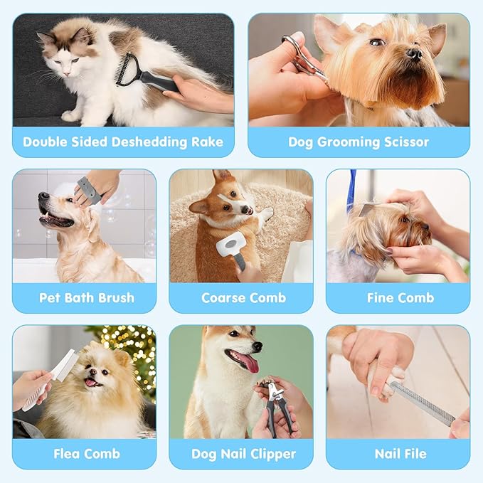 Cat Grooming Brush, 9PCS Dog Brush Kit with Pet Nail Clipper and File, Deshedding Brush for Cats, Cats Dog Shedding Brushs for Small Large Pets, Includes Flea Comb, Bath Brushs,Undercoat Rake (Grey)
