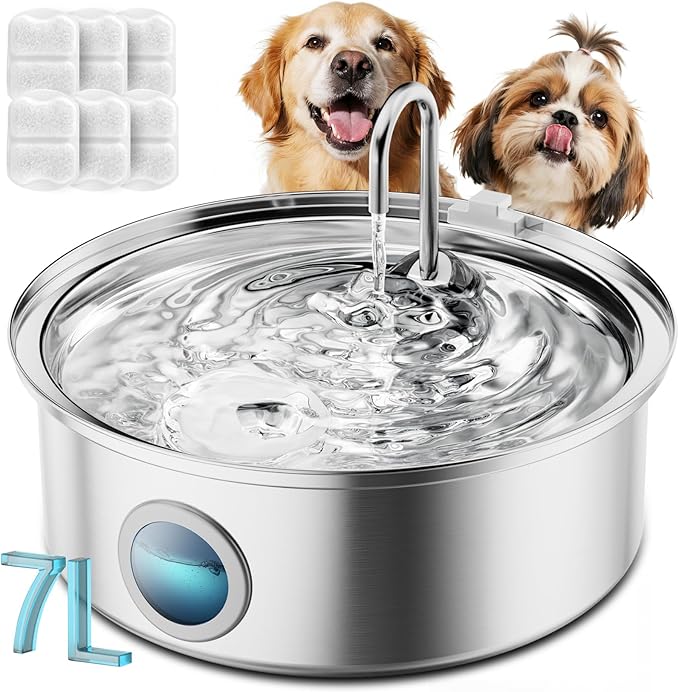 oneisall Dog Water Fountain for Large Dogs,7L/230oz/1.8G Stainless Steel Dog Fountain Super Quiet with Triple Filtration,Great for Large Dogs (PWF002 Dog Fountain +6Sets Filters)