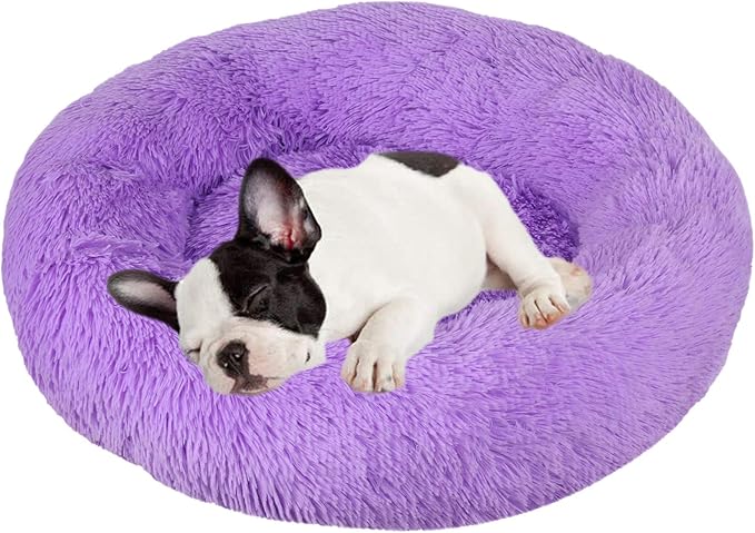 huraty Pet Dog Bed Plush Calming Bed, Fluffy Donut Round Pet Beds for Small Medium Large Dogs Cats, Anti-Slip & Anti-Anxiety, 28 Inch for Puppy and Kitties, Lilac, L