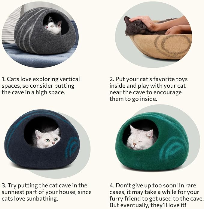 MEOWFIA Cat Cave – Premium Felt Cat Bed for Indoor Cats, Handmade 100% Merino Wool (Medium, Emerald)