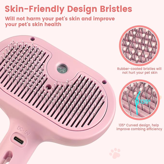 Steam Brush for Shedding Pets - Self-Cleaning Grooming Comb with Water Tank for Long & Short Haired Cats and Dogs (Pink)