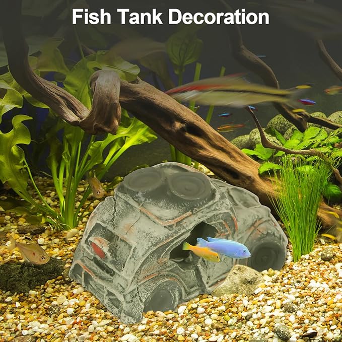 Aquarium Decorations for Fish Tank - Realistic Resin Rock Cave Hideouts, Safe Fish Tank Ornaments with Natural Design for Betta, Goldfish, Shrimp - Easy to Clean (Resin car)