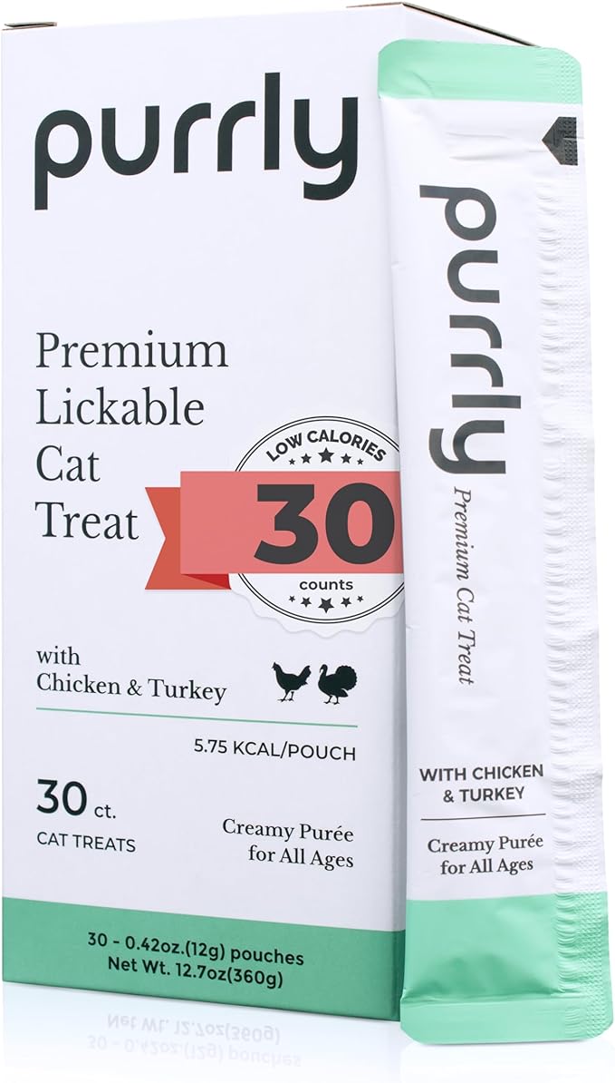 Purrly Interactive Lickable Cat Treats Low Calorie Human-Grade Chicken Breast & Turkey with L-Lysine & Astaxanthin for Immunity (30 Count) Non-Seafood Hydrating BPA-Free for All Ages