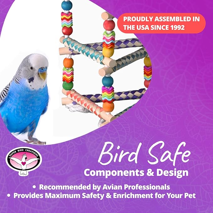 Super Bird Creations SB51113 Finger Trap Pagoda Bird Toy - Satisfies Chewing for Canary Finch Parrotlets Cockatiels - Vibrant Design with Cotton Rope, Beads, & Rings - Medium Size Birds, 14.5"x7"x7"