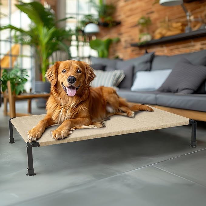 Veehoo Heavy Duty Elevated Dog Bed - Raised Dog Cot with Washable & Breathable Teslin Mesh, Non-Slip Silicon Feet, Cooling for Indoor or Outdoor, 35" x 22", Beige Coffee