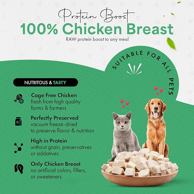 Freeze-Dried Chicken Treats for Cats & Dogs – 100% Human Grade, Single Ingredient, High-Protein, Healthy Snack – No Additives or Preservatives – 3.5oz - Inspected & Tested in USA