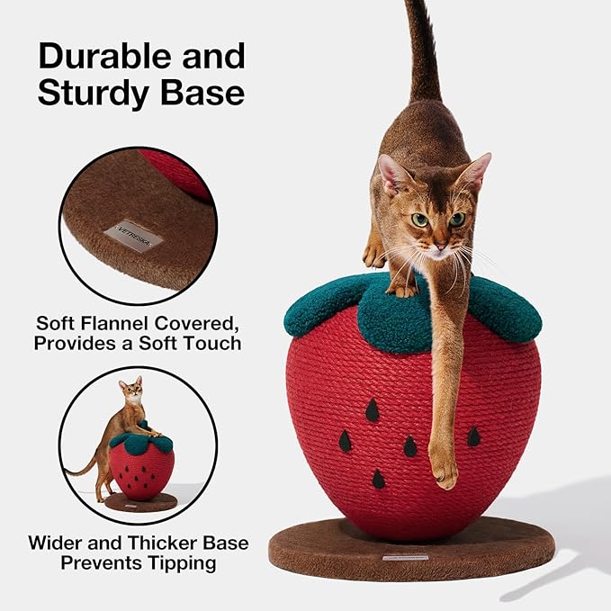 VETRESKA Strawberry Cat Scratching Post, Cute Cat Scratcher with Sisal Rope, Vertical Cat Scratch Post for Indoor Cat and Kitten, Ring Paper Strawberry Leaves Attract Cats