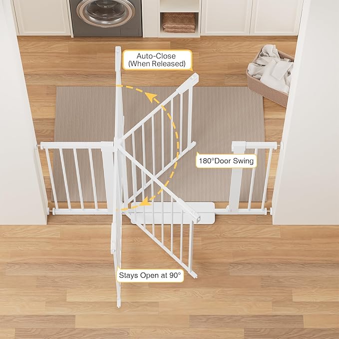 Cumbor 29.7-48" Baby Gate for Stairs, Mom's Choice Awards Winner-Dog Gates for Doorways, Auto Close Safety Pet Gate for Dogs Indoor, Easy Install Pressure Mounted Child Gate with Walk Thru Door, White