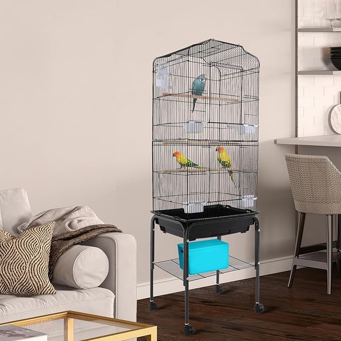 Freestanding Bird Cage Large Bird Cage with 4 Feeding Bowls & Waterer & 4 Universal Wheels & 2*Brake & Storage Rack & Slide-Out Tray & Mesh Panel Budgie Aviary for Balconies, in Homes, Shop（Black）