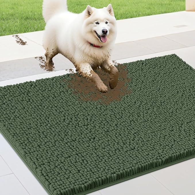 IM HOME 36" x 24" Olive Dog Door Mats for Muddy Paws, Chenille Absorbent Dog Mat, Non Slip Heavy Mud Mat for Dogs, Soft Pet Bed Mat for Entryway, Mud Paws, Inside Floor