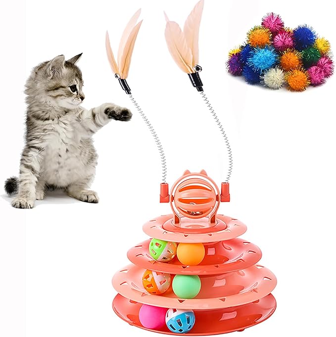 Vealind Cat Toy Roller 4-Level Turntable Cat Toys Balls with Colorful Pom Pom Balls Interactive Fun Mental Physical Exercise Puzzle Kitten Toys (Orange)