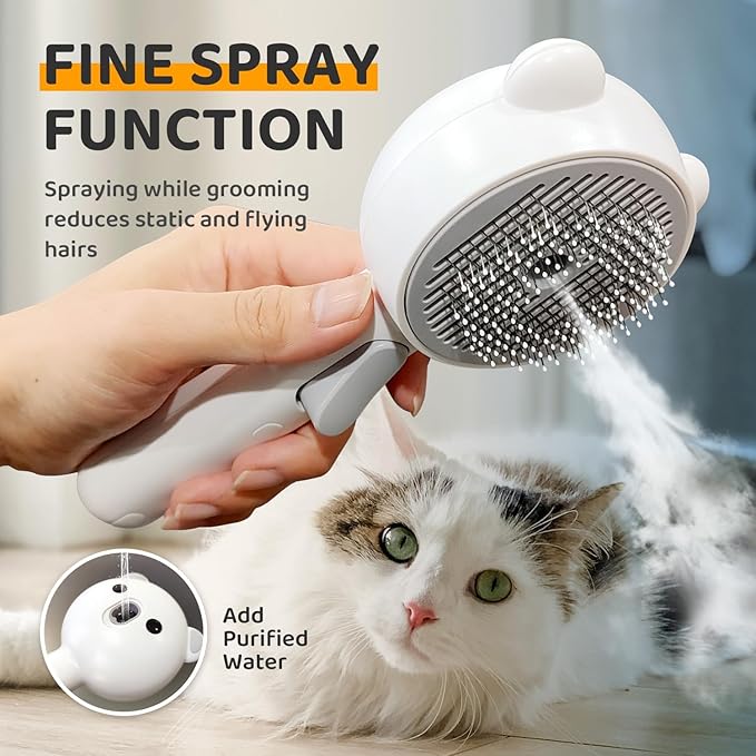 Cat Steam Brush, Self Cleaning Pet Spray Hair Removal Comb with Release Button, 3 In 1 Cat Brush for Indoor Cats for Shedding, Waterproof Pet Grooming Brushes for Long Short Haired Dogs Cats