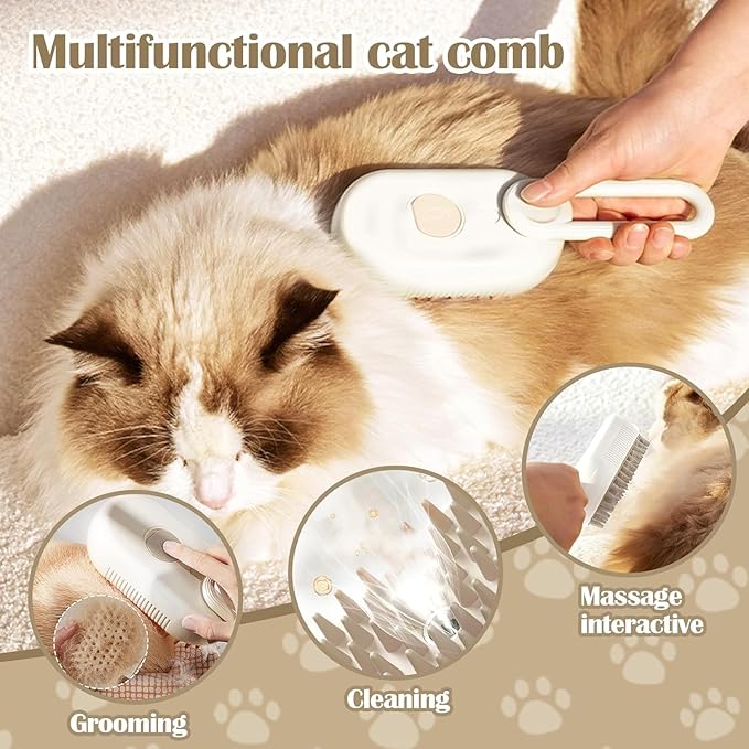 Cat Steam Brush - 5 In1 Grooming Kit for Cats and Dogs Silicone Massage Tool - Stainless Steel Nail Scissors - Hair Detangling Comb - Water Spray Rechargeable Shedding Wash-Free Essence (White)