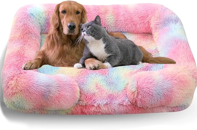 Dog Beds Medium Large Size Dog, Calming Dog Bed with Removable Washable Cover, Waterproof Lining and Nonskid Bottom(Tie-Dye Rainbow,S)