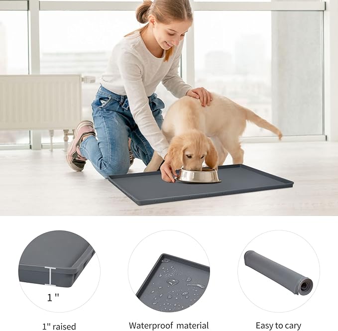 Dog Food Mat,Silicone Waterproof Food Tray,Non Slip Pet Bowl Mats Placemat,1" Raised Edge,Suitable for Most Small and Medium Sized Pets,32" x 24"