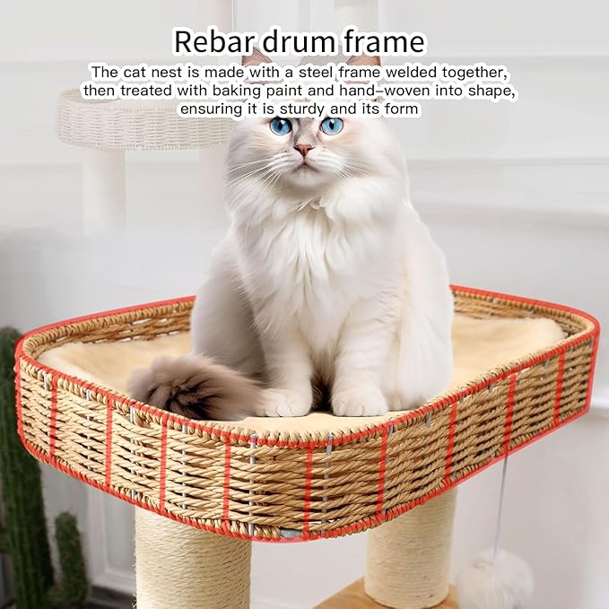 34 Inch Solid Wood Cat Tree Tower with Space Capsule, Hand-Woven Basket Nest, Feather Toy, Hanging Balls, Sisal Posts, 4-Tier Indoor Climbing Cat Tower for Kittens