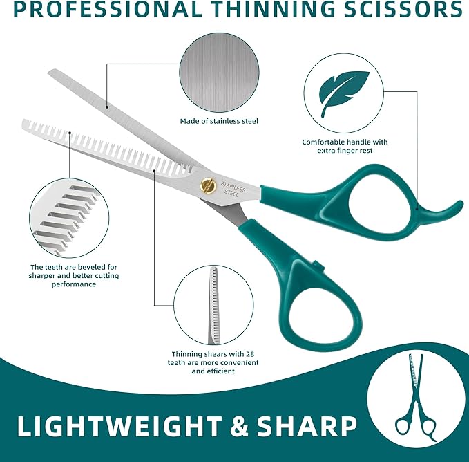 Professional Pet Grooming Kit, Stainless Steel Dog & Cat Grooming Shears with Rounded Tip Blades for Safe Fur Trimming, Thinning Shears, Straight Scissors, and Pet Comb (Set of 3)