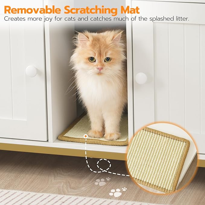 HOOBRO 44" Cat Litter Box Enclosure for 2 Cats, Double Cat Litter Box Furniture Hidden, TV Stand Litter Box Enclosure with Cat Scratching Mat, Cat House, Cat Washroom Cabinet, White, Gold DW20MW01