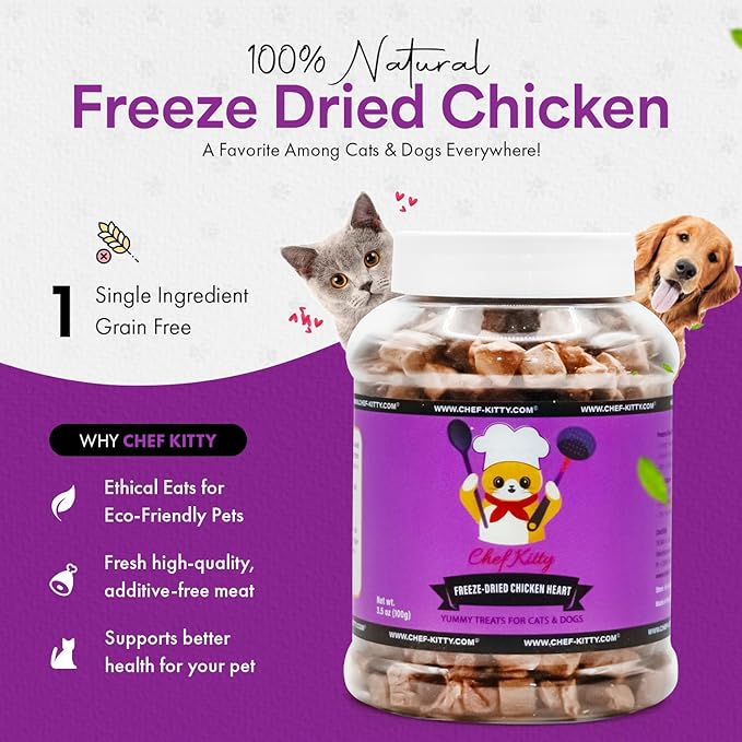 Freeze-Dried Chicken Heart Treats for Cats & Dogs – 100% Human Grade, Single Ingredient, High-Protein, Healthy Snack – No Additives or Preservatives – 2.6oz - Inspected & Tested in USA