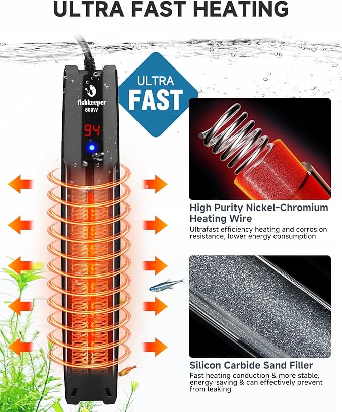 fishkeeper 500W Submersible Aquarium Heater for 65-120 Gal Fish Tanks (Run-Dry/Overheat/Low-Temp Protection)(Precision Electronic Smart Thermostat)(Adjustable Temperature) Ultra-Safe Fish Tank Heater