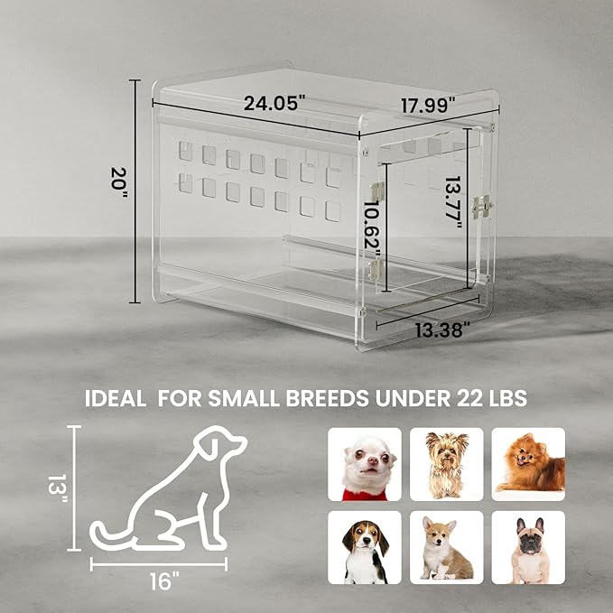 Sumerflos Clear Acrylic Dog Crate - Modern Dog Kennel Furniture, Indoor End Table Dog Crate Lockable Ventilated for Most Small Dog Cat Pet, 24.05" L x 17.99" W x 20" H