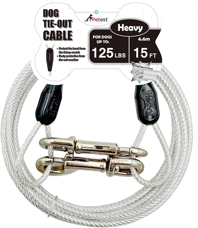 Petest 15ft Reflective Tie-Out Cable for Heavy Dogs Up to 125 Pounds