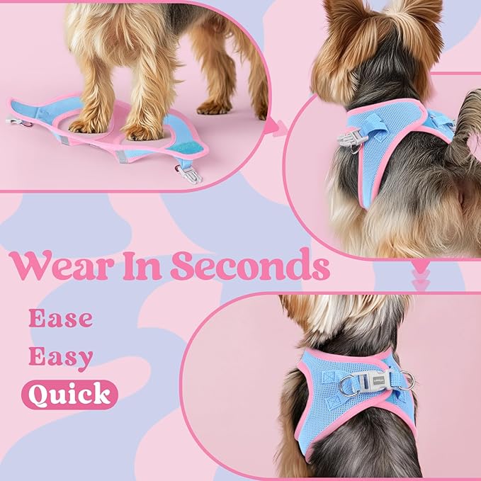 rabbitgoo Small Dog Harness, Step-in Soft Mesh Puppy Vest with Safety Buckle, Breathable Reflective Pet Harness for Small Medium Dogs, Blue & Light Pink L