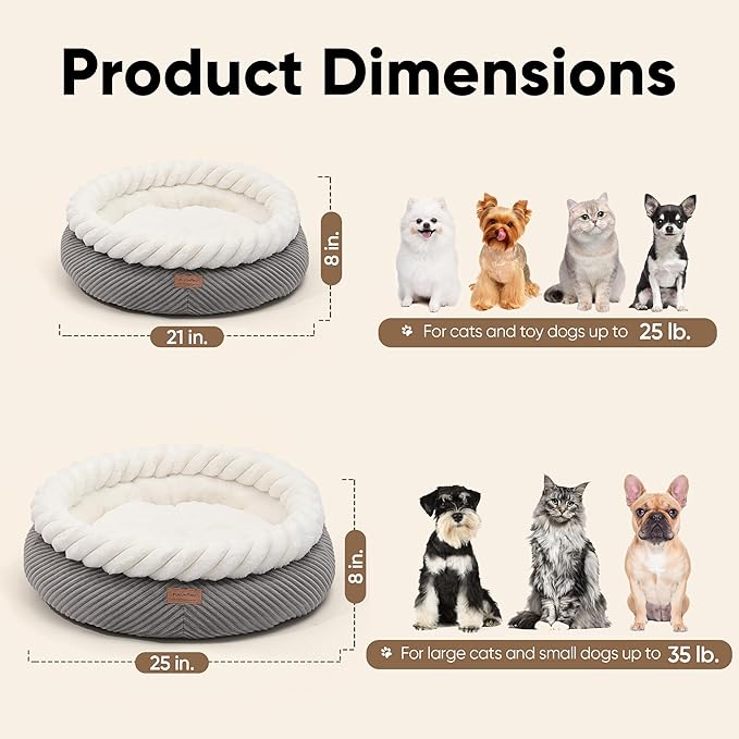 FUKUMARU Cat Bed, Calming Donut Dog Beds, Plush Faux Fur&Corduroy Cat Beds, Cute Round Washable Pet Bed for Large Cats and Small Dogs, Cat Cave with Anti-Slip Bottom, 21inch, Grey