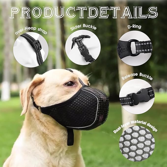 Dog Muzzle, Mesh Soft Muzzle for Small Medium Large Sized Dogs, Breathable Adjustable Puppy Muzzles for Scavenging Biting Licking and Chewing, Allows Panting and Drinking (Reflective Mesh, S)