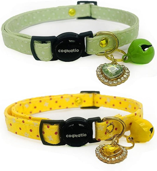 2 Pack Cotton Breakaway cat Collars with Bell,Safety Quick Release Pendant Cute Kitten Collar,Adjustable 20-30cm (Lemon+Pastel Green, 20-30cm)