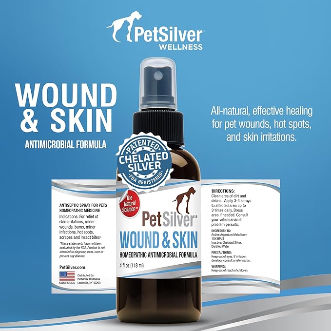 PetSilver Wound & Skin Spray - Dog Wound Spray, Hot Spot, Allergy Relief for Dogs, Itch Spray for Cats - Natural Skin Soother - Chelated Silver, Superior to Colloidal Silver - Made in USA - 4 fl oz