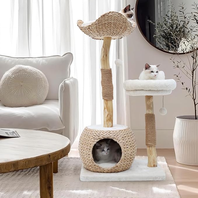 Modern Cat Tree Tower for Indoor Cats, Real Branch Luxury Cat Condo with Scratching Post, Jumping Platforms, Hanging Toy Ball for Multi-Cat Households