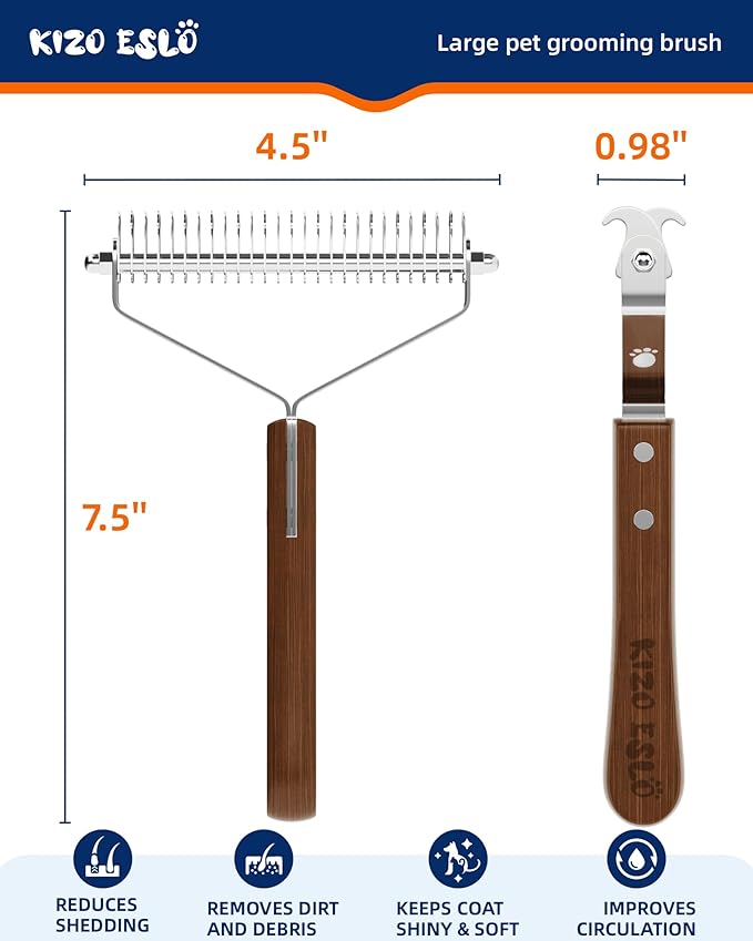 Extra Large 2-Sided Undercoat Rake for Dogs & Cats, Dog Brush for Shedding Remove Mats, Dematting Comb, Safe & Gentle Grooming Brush for German Shepherds Medium to Long-Haired Pets (Walnut Handle)