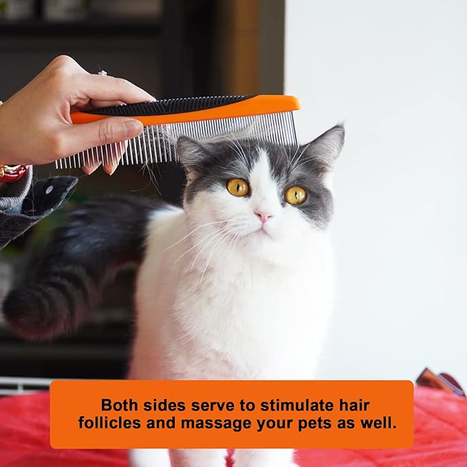 Metal Dog Comb and Cat Comb with Rounded Ends, Smooth Stainless Steel Teeth, Non-Slip Grip Handle for Removing Tangles and Knots in Greyhounds and Other Pets